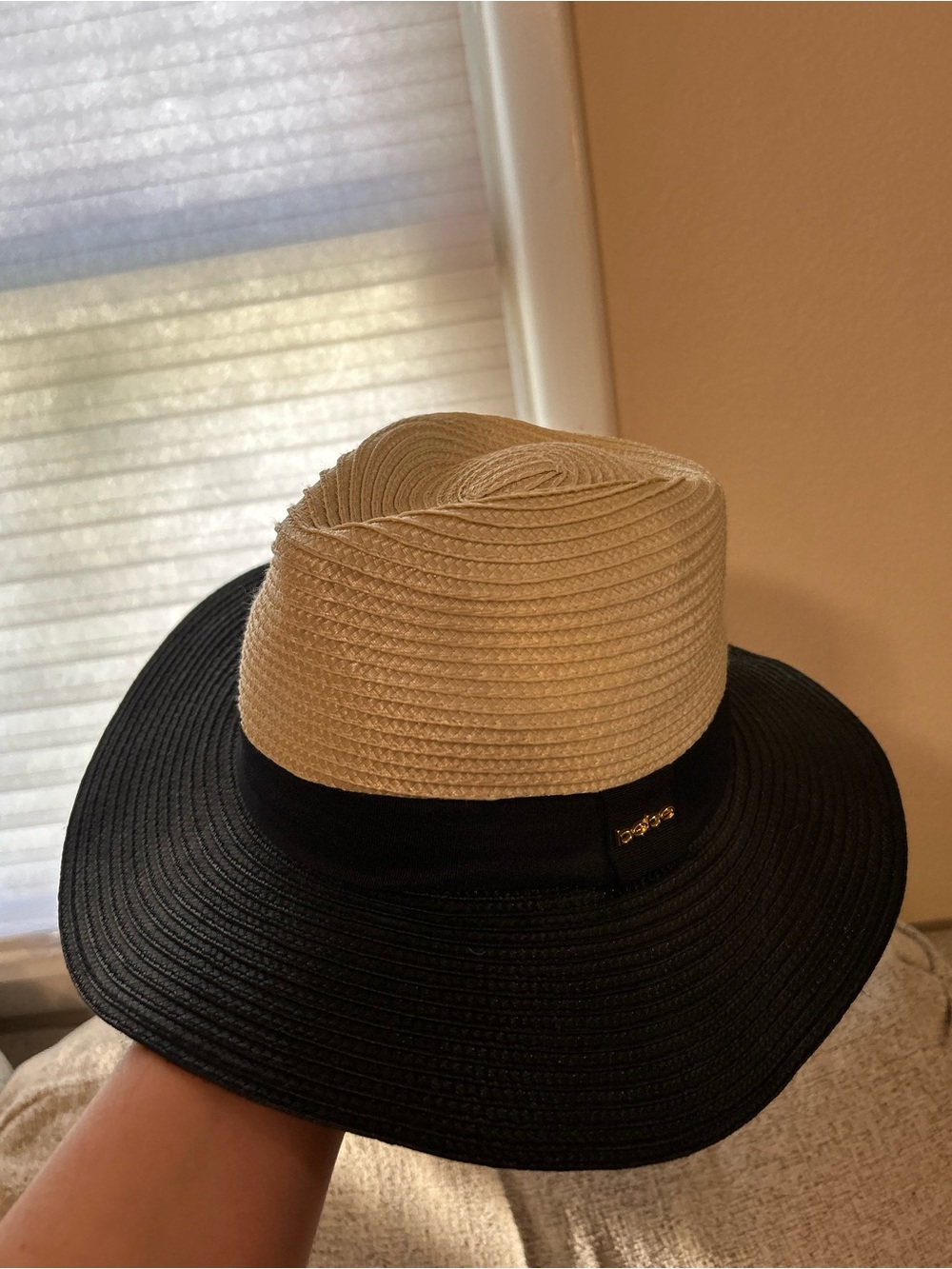 BEBE Straw Fedora Hat - Black & Beige